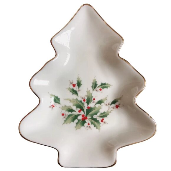 Porcelain Tree Shape Plate With Holly Design Holiday Theme - Picture 2 of 7